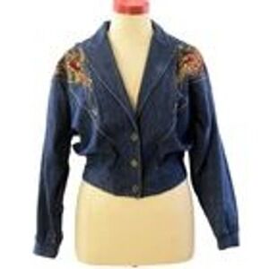 80s Vintage City Girl Denim Blazer Womens L Western Studded Cropped Jacket Boho